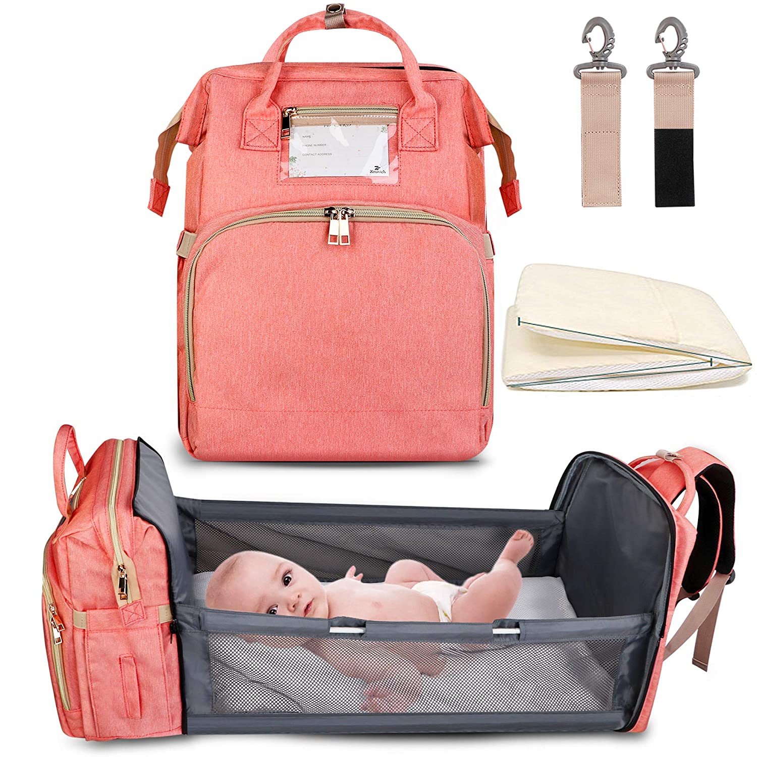5-in-1 Travel Bassinet Foldable Baby Bed, ZOUNICH Diaper Bag Backpack Changing Station for Men Women,Portable Bassinets for Baby Girls Boys