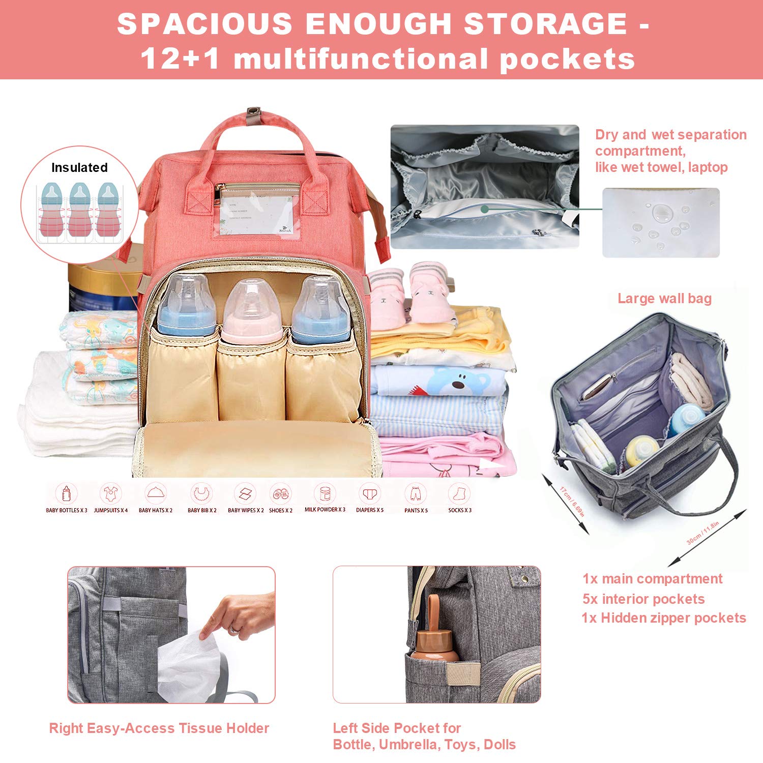 5-in-1 Travel Bassinet Foldable Baby Bed, ZOUNICH Diaper Bag Backpack Changing Station for Men Women,Portable Bassinets for Baby Girls Boys