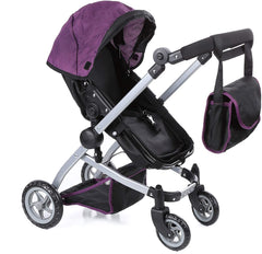 Babyboo Deluxe Doll Pram Color Purple & Black with Swiveling Wheels Stroller with Carriage Bag - 9651B PRP