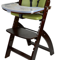 Abiie Beyond Wooden High Chair with Tray. The Perfect Adjustable Baby Highchair Solution (Mahogany Wood - Green Cushion)