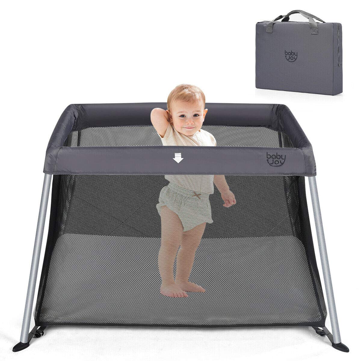 BABY JOY Baby Foldable Travel Crib, 2 in 1 Portable Playpen with Soft Washable Mattress