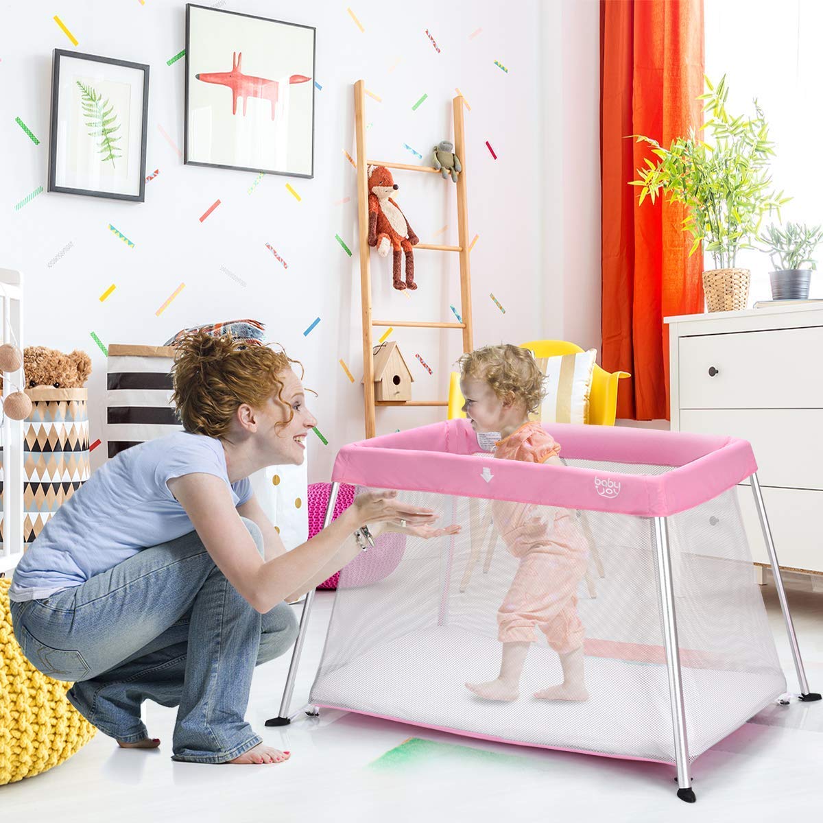 BABY JOY Baby Foldable Travel Crib, 2 in 1 Portable Playpen with Soft Washable Mattress