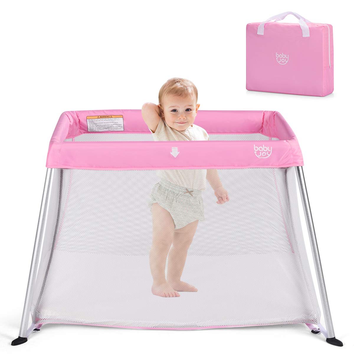 BABY JOY Baby Foldable Travel Crib, 2 in 1 Portable Playpen with Soft Washable Mattress