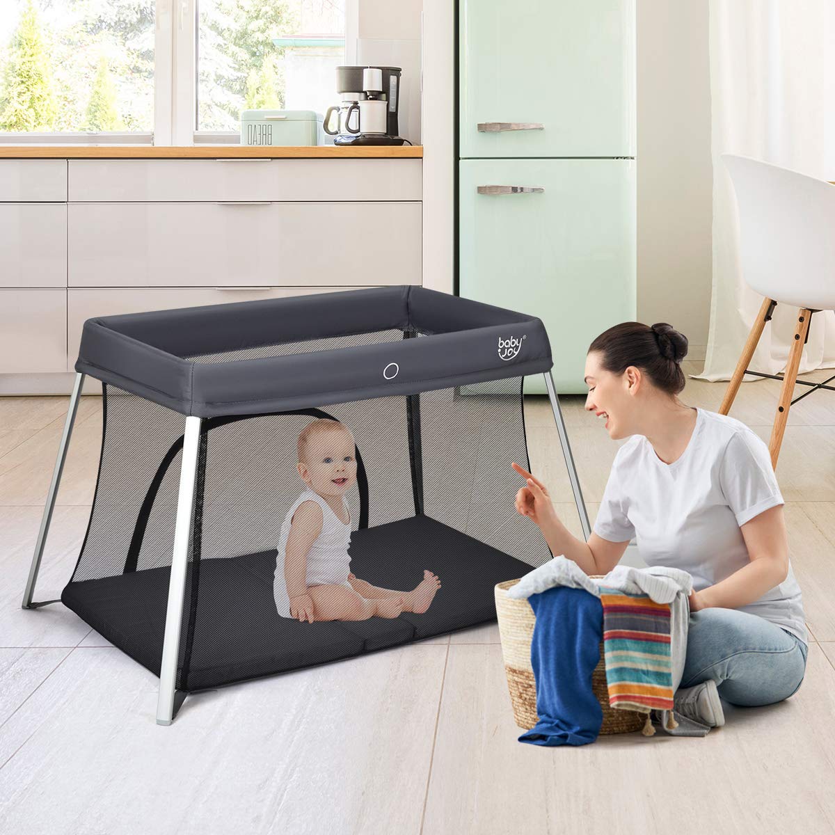 BABY JOY Baby Foldable Travel Crib, 2 in 1 Portable Playpen with Soft Washable Mattress