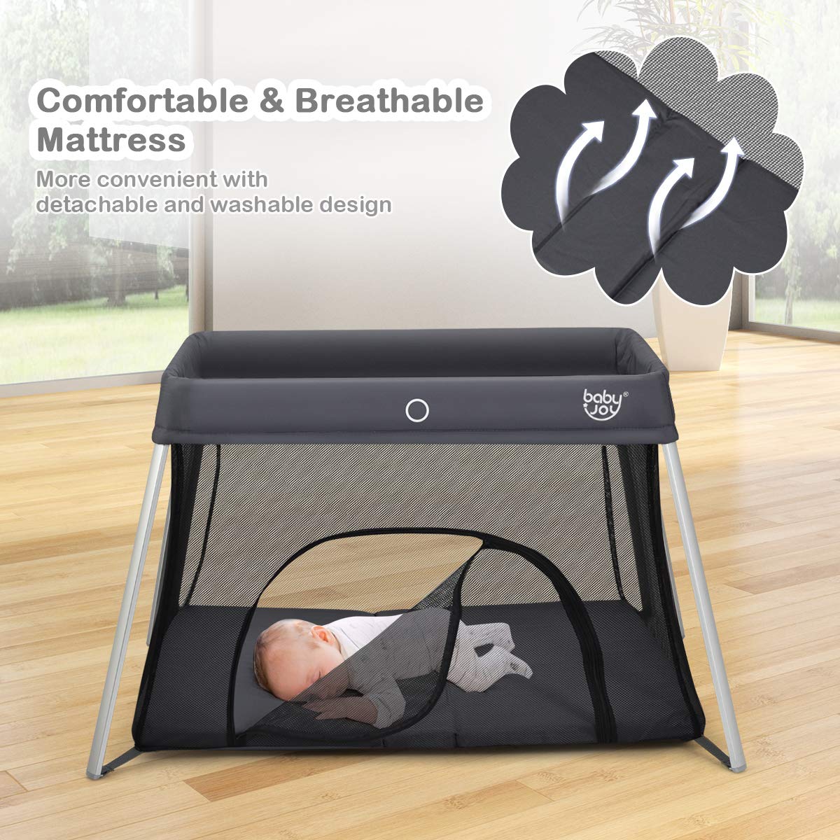 BABY JOY Baby Foldable Travel Crib, 2 in 1 Portable Playpen with Soft Washable Mattress