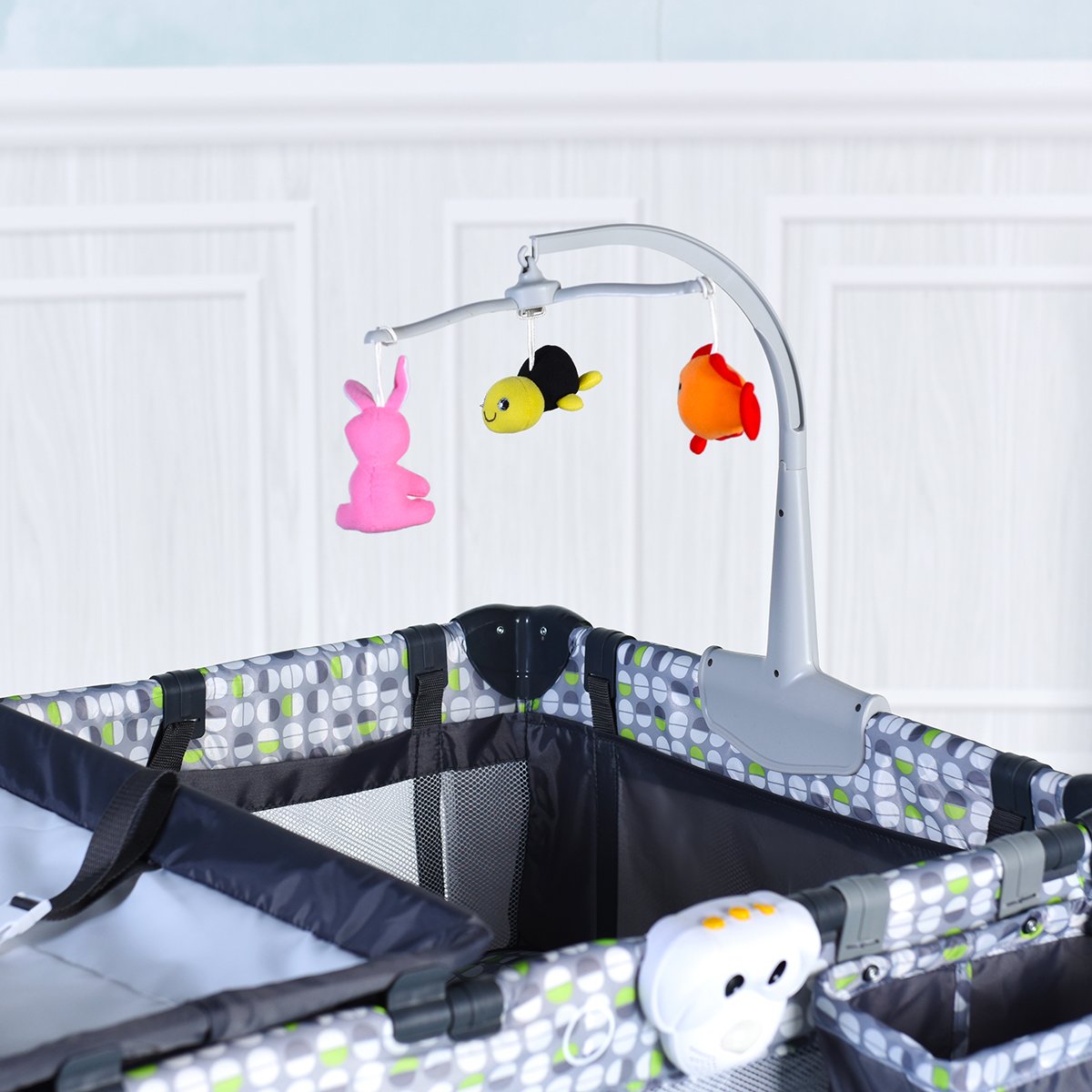 Costzon Baby Playard, 3 in 1 Convertible Playpen with Bassinet, Changing Table, Foldable Bassinet Bed with Music Box, Whirling Toys, Wheels & Brake, Large Capacity Basket, Oxford Carry Bag (Grey)