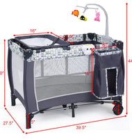 Costzon Baby Playard, 3 in 1 Convertible Playpen with Bassinet, Changing Table, Foldable Bassinet Bed with Music Box, Whirling Toys, Wheels & Brake, Large Capacity Basket, Oxford Carry Bag (Grey)
