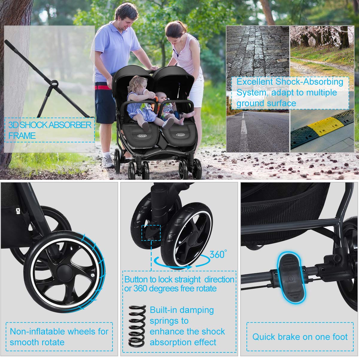 INFANS Double Stroller, Lightweight & Easy Folding Duo Baby Stroller with Side by Side Twin Seats, Night Reflective 5-Point Safety Harness, Suitable for 6 Months to 3 Years (Black)