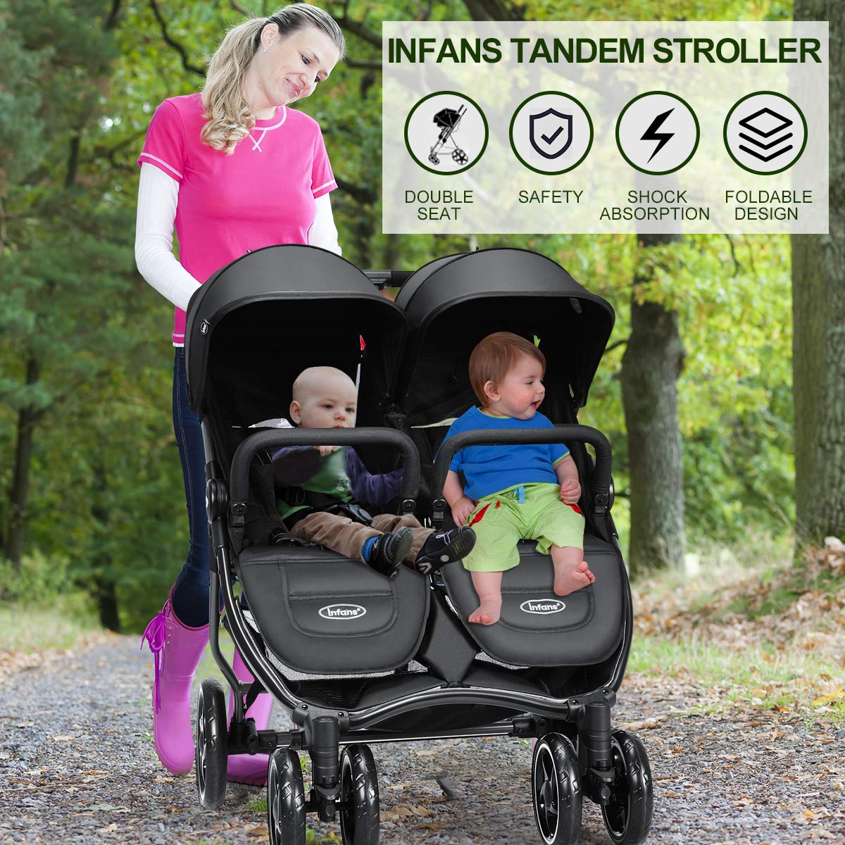 INFANS Double Stroller, Lightweight & Easy Folding Duo Baby Stroller with Side by Side Twin Seats, Night Reflective 5-Point Safety Harness, Suitable for 6 Months to 3 Years (Black)