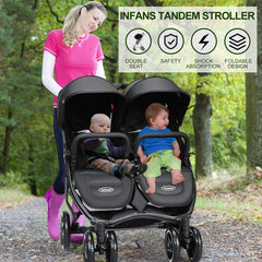INFANS Double Stroller, Lightweight & Easy Folding Duo Baby Stroller with Side by Side Twin Seats, Night Reflective 5-Point Safety Harness, Suitable for 6 Months to 3 Years (Black)