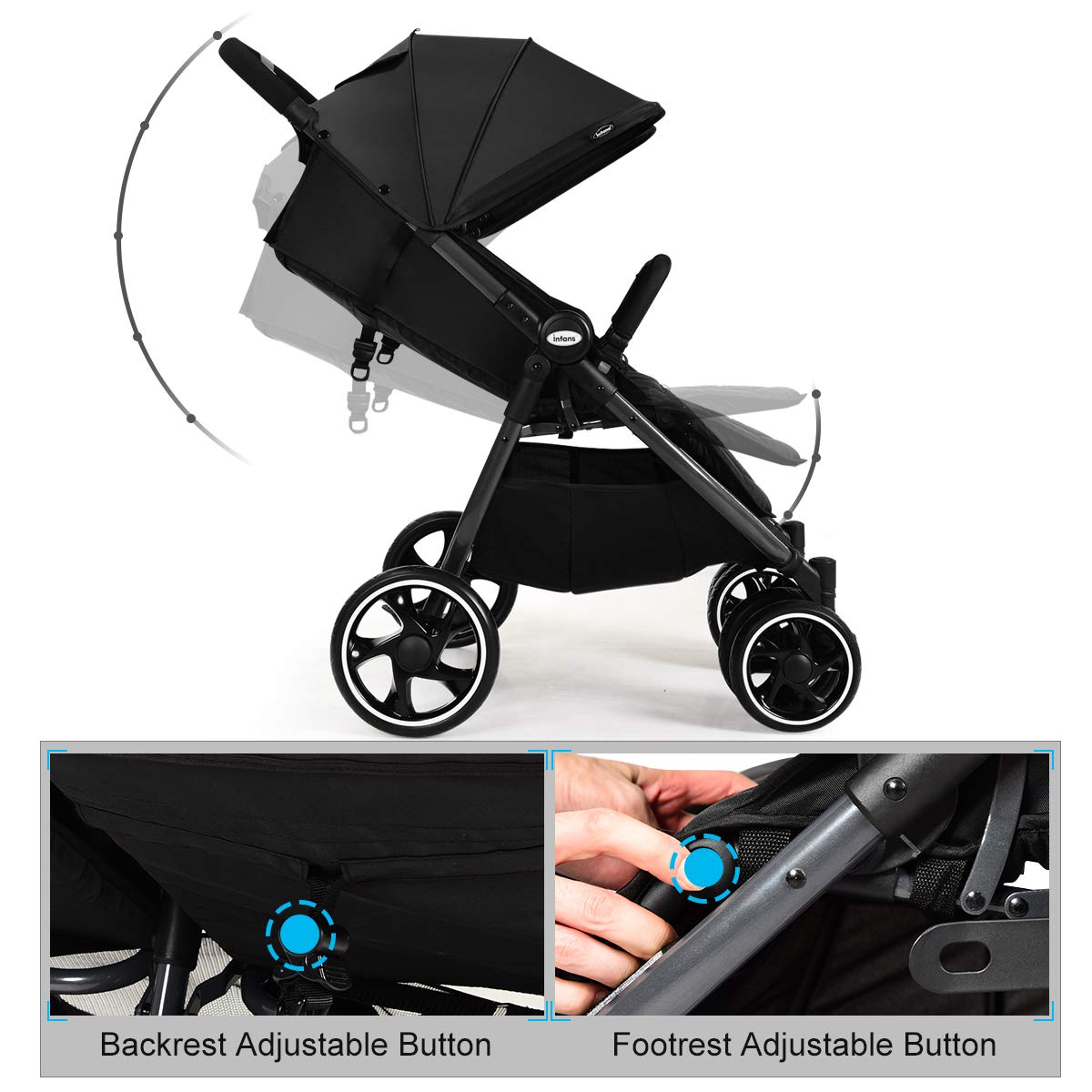 INFANS Double Stroller, Lightweight & Easy Folding Duo Baby Stroller with Side by Side Twin Seats, Night Reflective 5-Point Safety Harness, Suitable for 6 Months to 3 Years (Black)