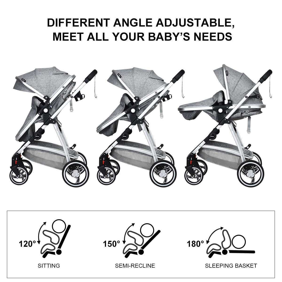 INFANS Newborn Baby Stroller Carriage, 2 in 1 High Landscape Convertible Reversible Bassinet Pram, Foldable Aluminum Alloy Pushchair with Adjustable Canopy, 3D Shock Absorption PU Wheels (Light Grey)