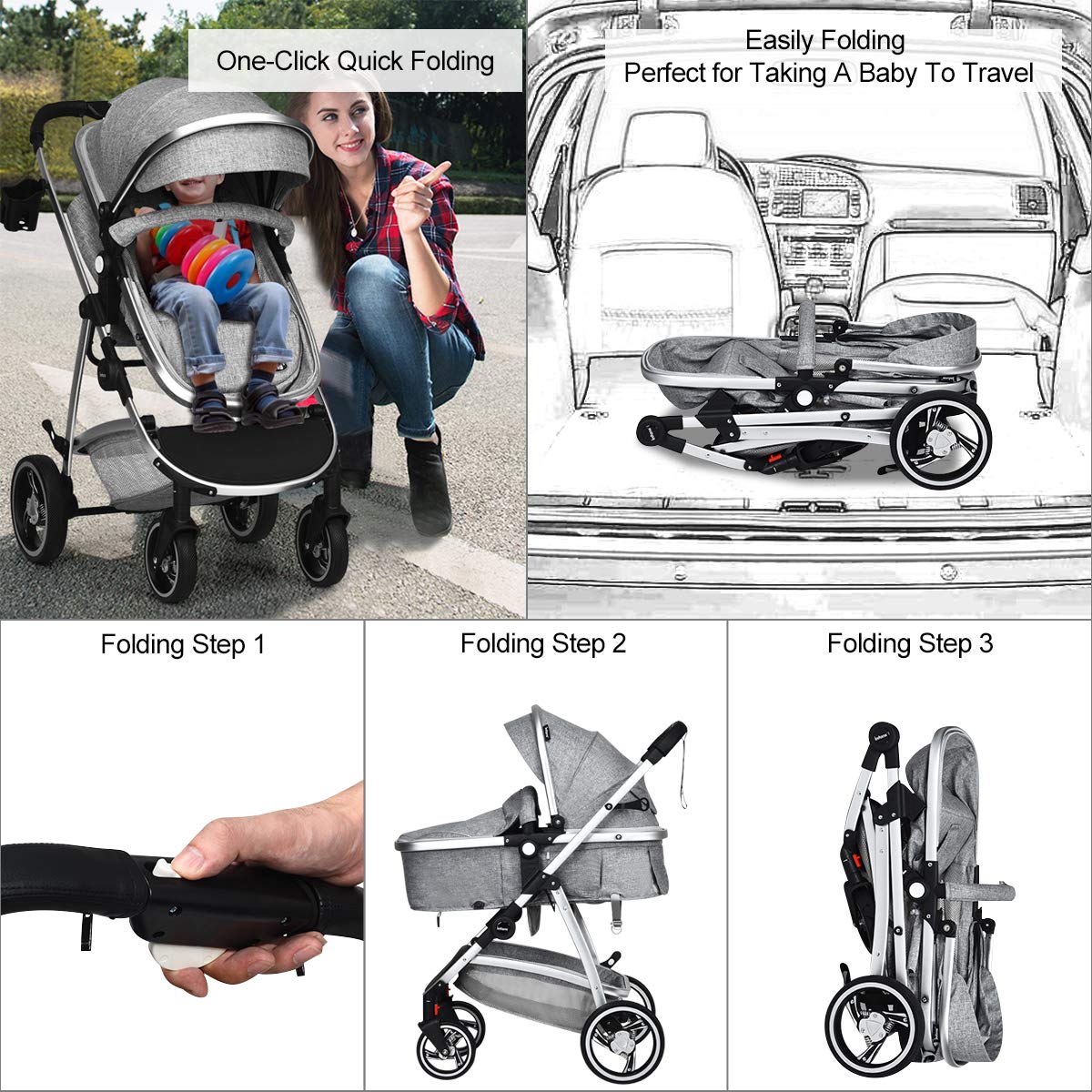 INFANS Newborn Baby Stroller Carriage, 2 in 1 High Landscape Convertible Reversible Bassinet Pram, Foldable Aluminum Alloy Pushchair with Adjustable Canopy, 3D Shock Absorption PU Wheels (Light Grey)