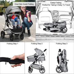INFANS Newborn Baby Stroller Carriage, 2 in 1 High Landscape Convertible Reversible Bassinet Pram, Foldable Aluminum Alloy Pushchair with Adjustable Canopy, 3D Shock Absorption PU Wheels (Light Grey)
