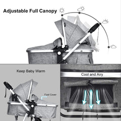 INFANS Newborn Baby Stroller Carriage, 2 in 1 High Landscape Convertible Reversible Bassinet Pram, Foldable Aluminum Alloy Pushchair with Adjustable Canopy, 3D Shock Absorption PU Wheels (Light Grey)