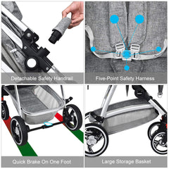 INFANS Newborn Baby Stroller Carriage, 2 in 1 High Landscape Convertible Reversible Bassinet Pram, Foldable Aluminum Alloy Pushchair with Adjustable Canopy, 3D Shock Absorption PU Wheels (Light Grey)