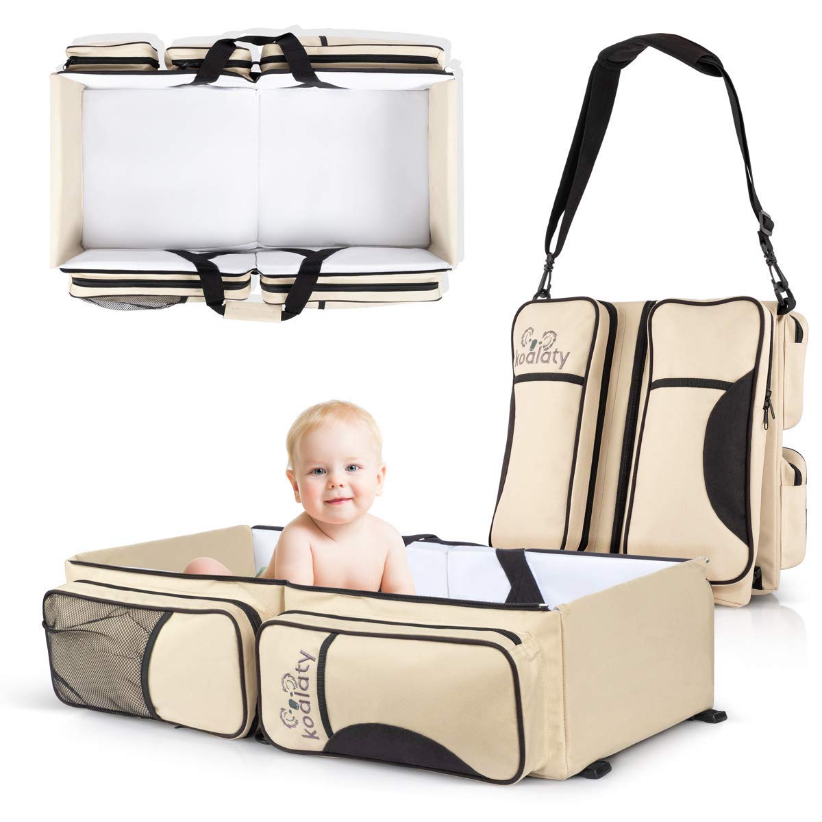 Koalaty 3-in-1 Universal Baby Travel Bag, Portable Bassinet Crib, Changing Station and Diaper Bag for Newborns or Infants. The best baby shower gift for new mom and dad.