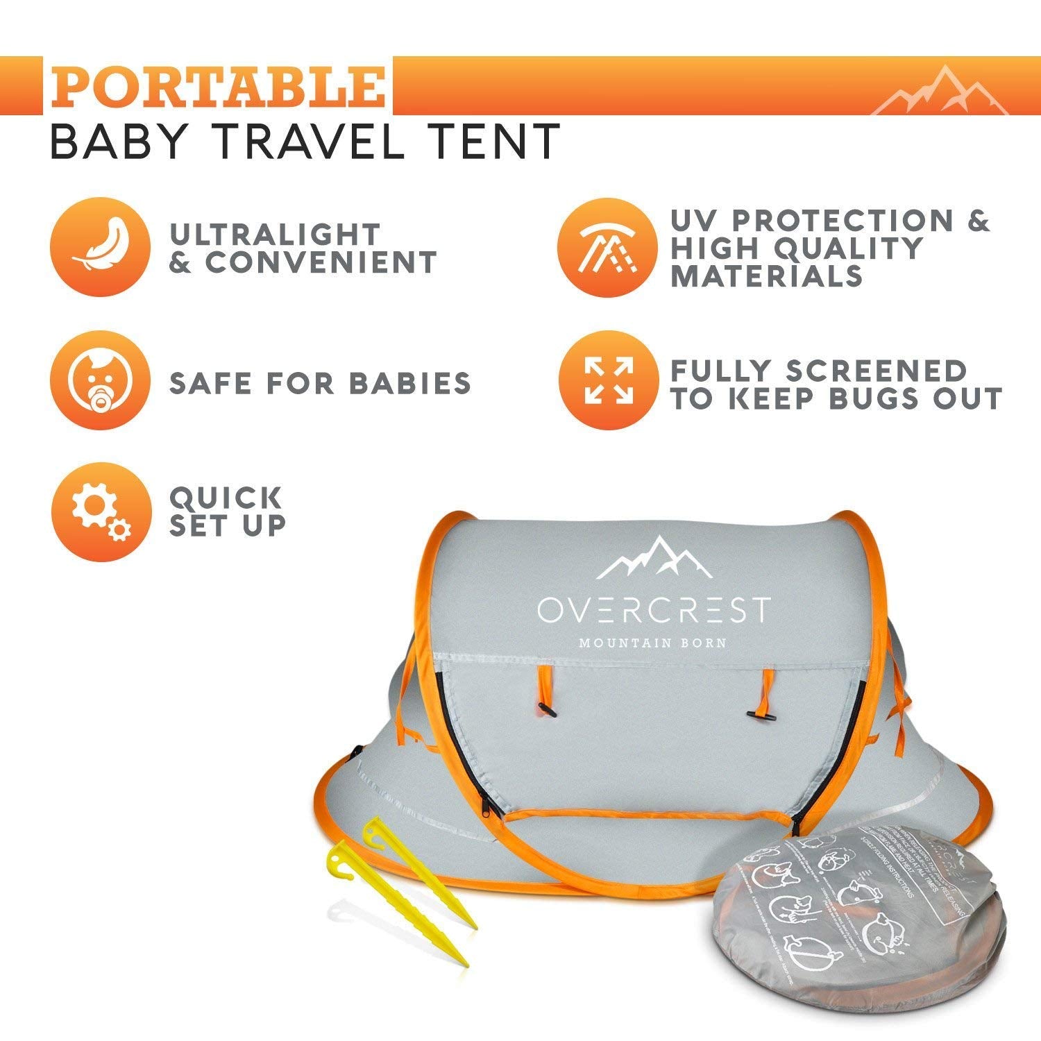 Overcrest Portable Pop Up Baby Beach Tent with UPF 50+ Sun Shade - Protection for Babies from Sunburn and Mosquitos - Lightweight, Compact and Easy Assembly - Includes 2 Pegs and Travel Bag