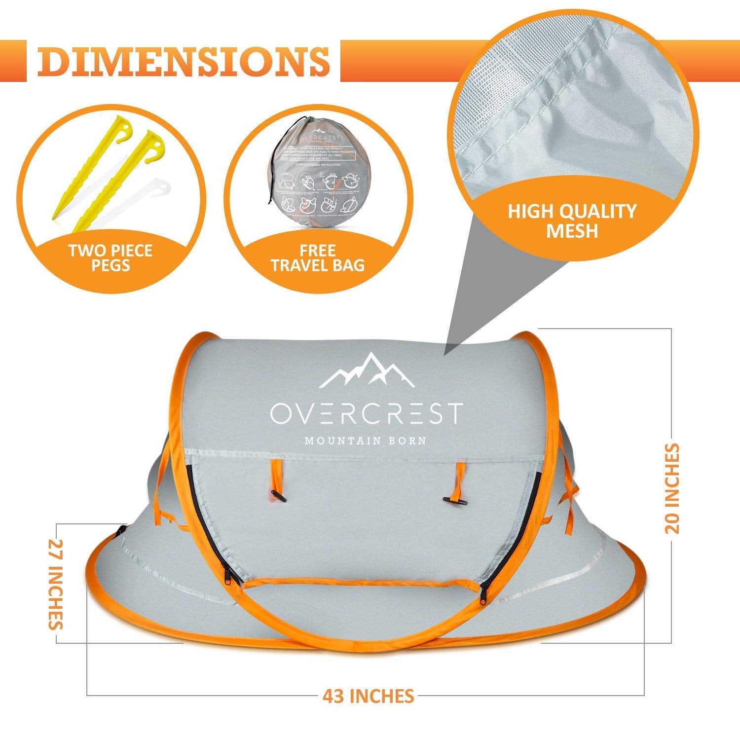 Overcrest Portable Pop Up Baby Beach Tent with UPF 50+ Sun Shade - Protection for Babies from Sunburn and Mosquitos - Lightweight, Compact and Easy Assembly - Includes 2 Pegs and Travel Bag