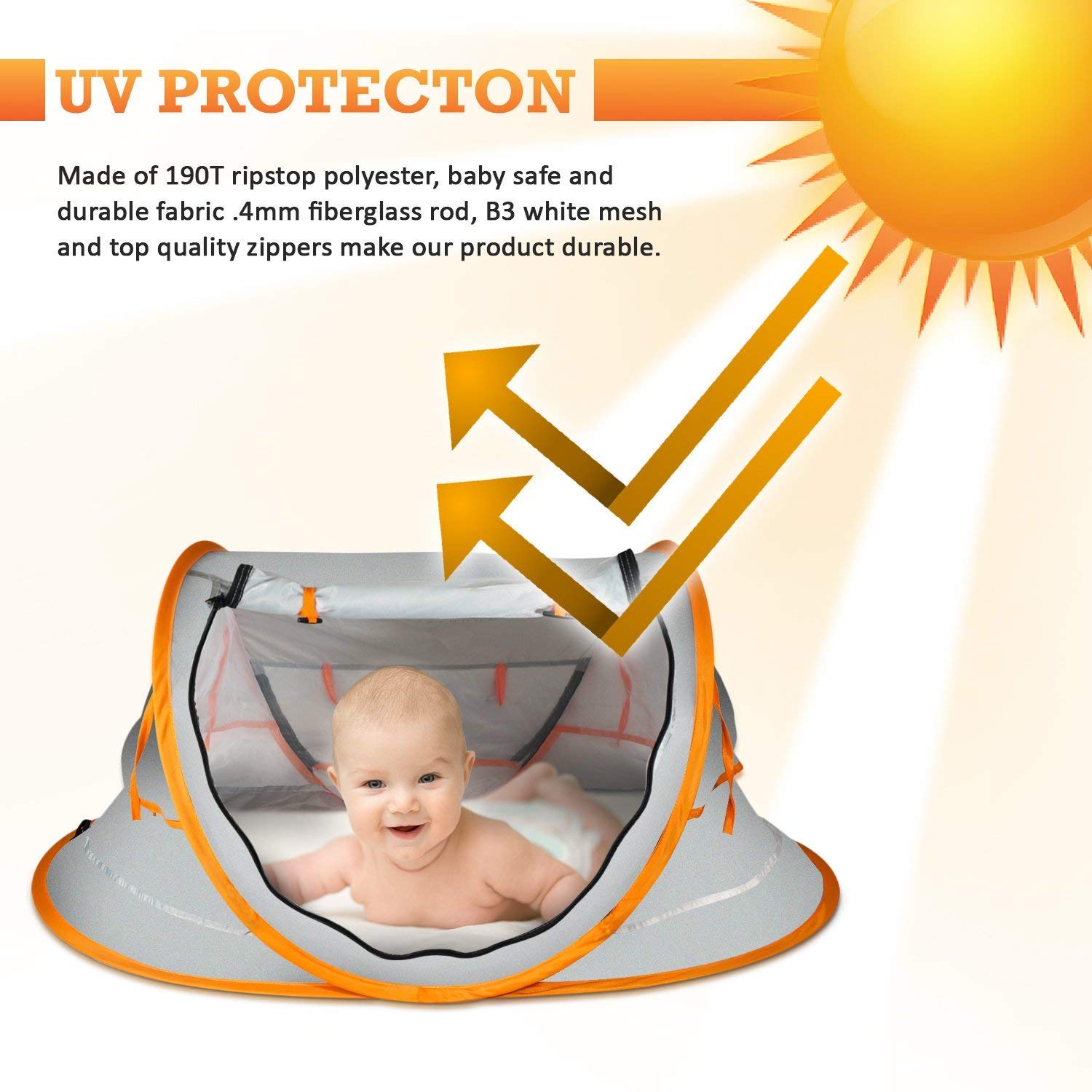 Overcrest Portable Pop Up Baby Beach Tent with UPF 50+ Sun Shade - Protection for Babies from Sunburn and Mosquitos - Lightweight, Compact and Easy Assembly - Includes 2 Pegs and Travel Bag