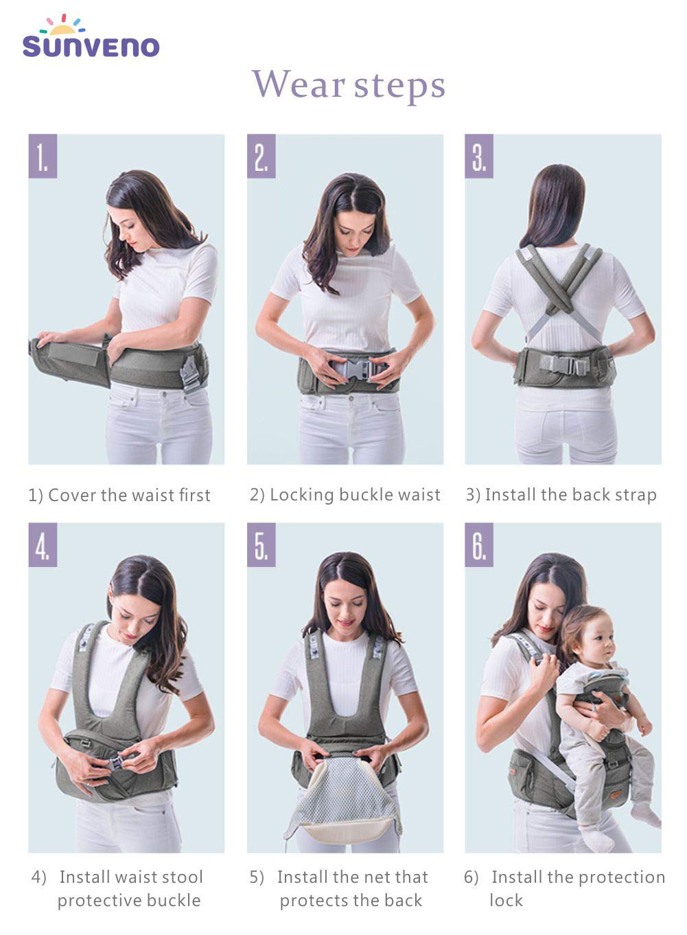 SUNVENO Baby Hipseat Ergonomic Baby Carrier Soft Cotton 3in1 Safety Infant Newborn Hip Seat