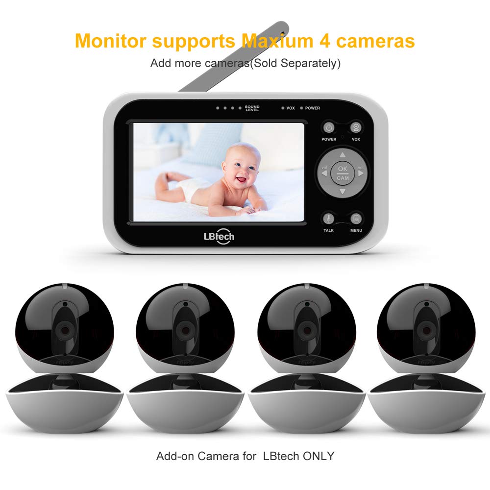 Video Baby Monitor with 2 Digital Cameras,LBtech Wireless Video Monitor,4.3 inches LCD,Automatic Night Vision,Two-WayTalkback,Temperature Detection,Power Saving,Zoom in Lens,Support Multi-Camera