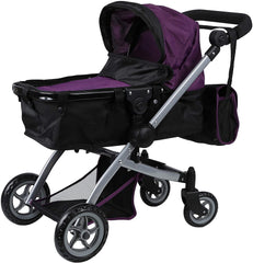 Babyboo Deluxe Doll Pram Color Purple & Black with Swiveling Wheels Stroller with Carriage Bag - 9651B PRP