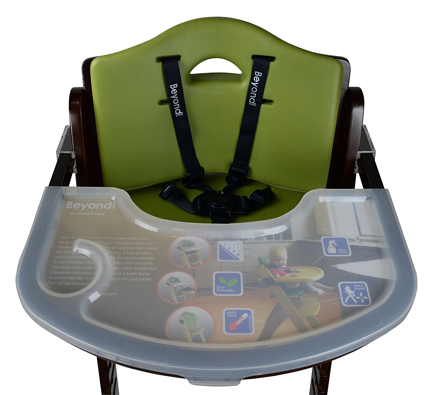 Abiie Beyond Wooden High Chair with Tray. The Perfect Adjustable Baby Highchair Solution (Mahogany Wood - Green Cushion)