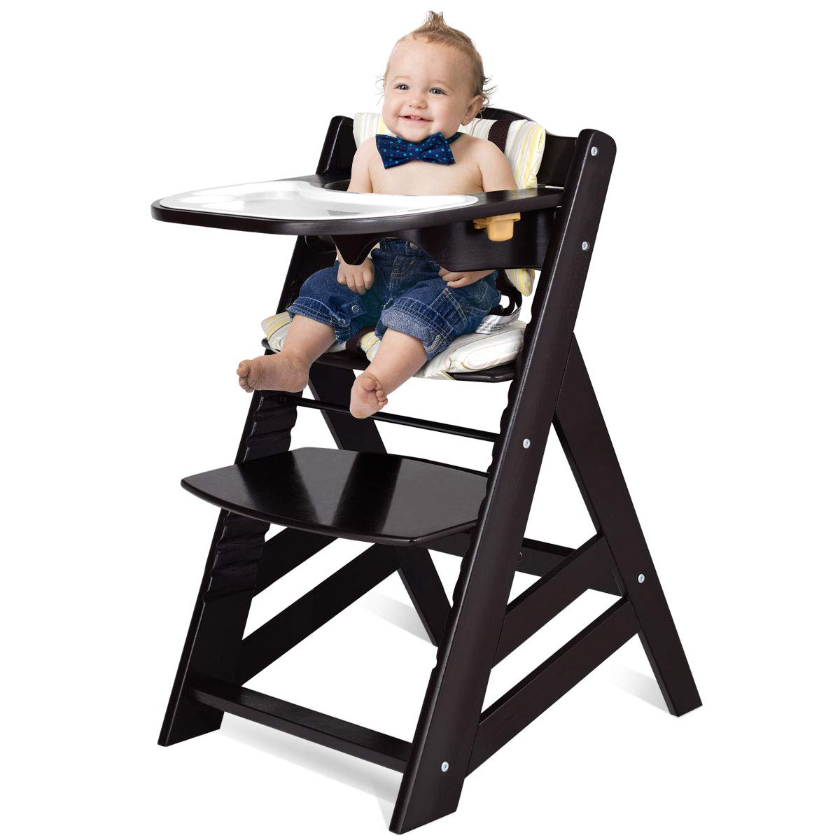 Costzon Wooden High Chair, Baby Dining Chair with Adjustable Height, Removable Tray, 5-Point Safety Harness
