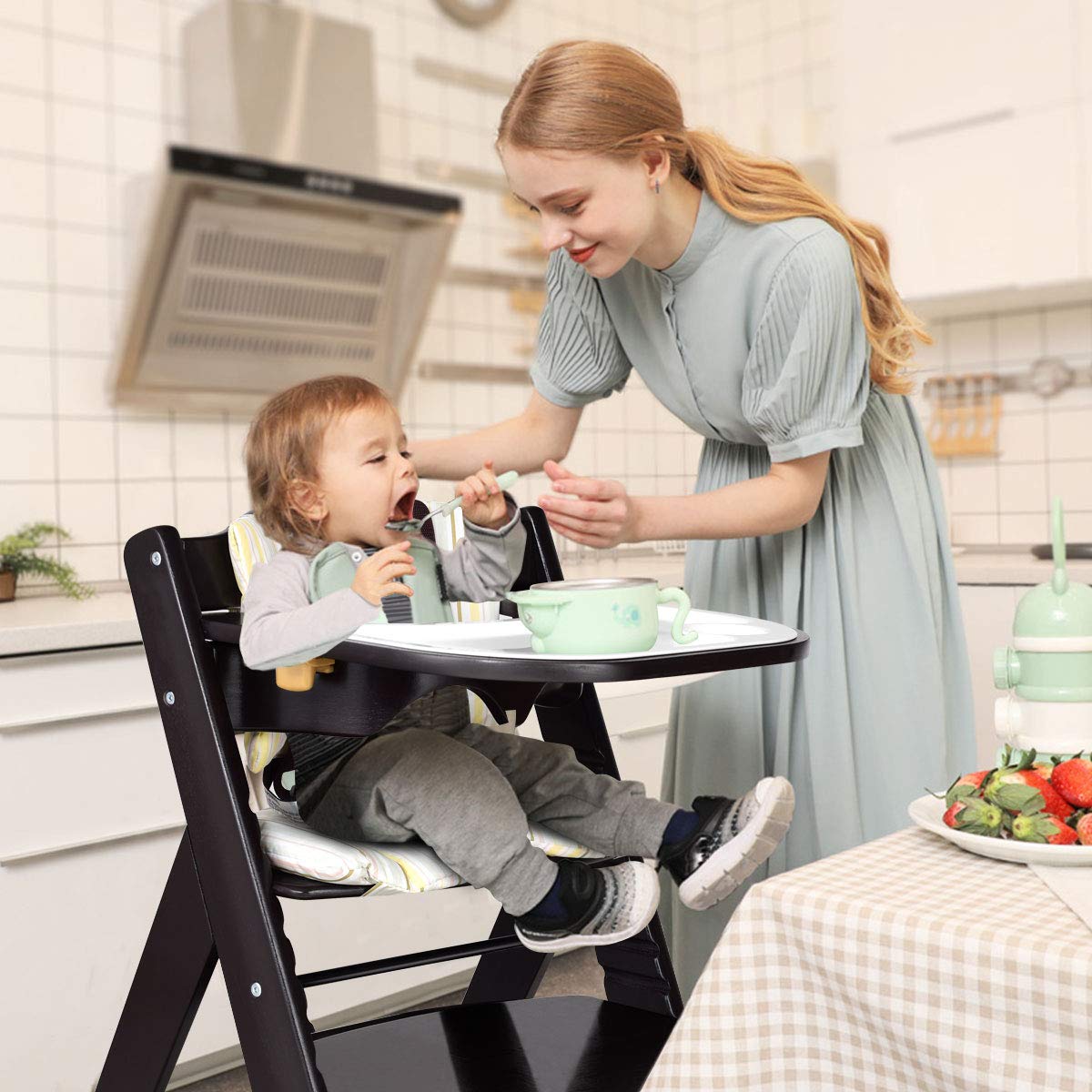 Costzon Wooden High Chair, Baby Dining Chair with Adjustable Height, Removable Tray, 5-Point Safety Harness