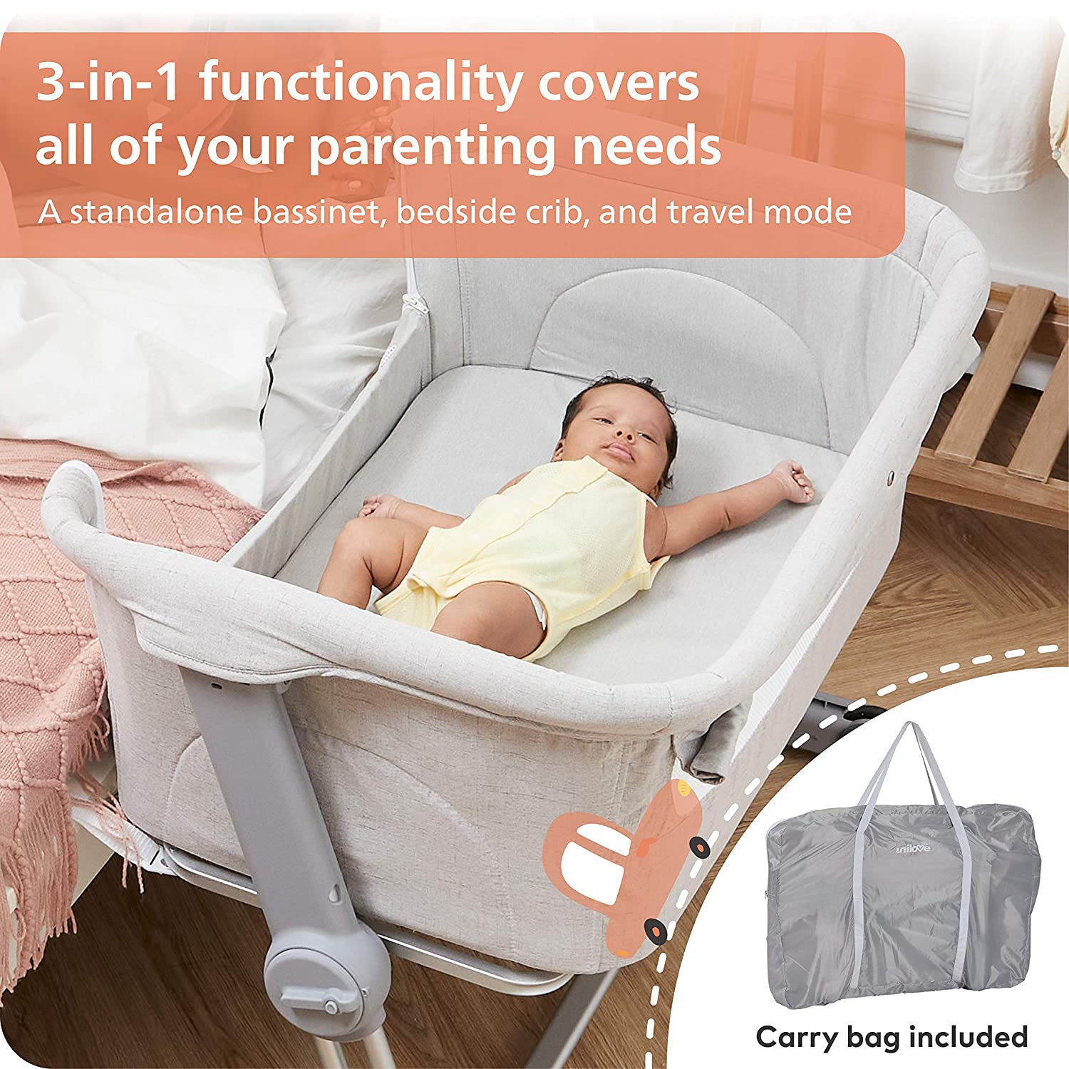 Cuna Unilove Hugme Plus, cama de noche y cuna lateral, incluye bolsa de  viaje y colchón, para bebé, Gris sombra