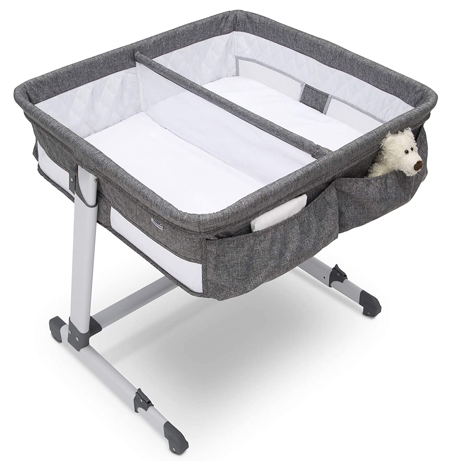 Simmons Kids By The Bed City Sleeper Bassinet for Twins - Adjustable Height Portable Crib with Wheels & Airflow Mesh, Grey Tweed