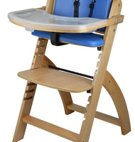 Abiie Beyond Wooden High Chair with Tray. The Perfect Adjustable Baby Highchair Solution (Natural Wood - Blue Cushion)