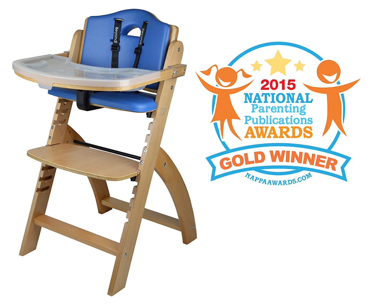 Abiie Beyond Wooden High Chair with Tray. The Perfect Adjustable Baby Highchair Solution (Natural Wood - Blue Cushion)