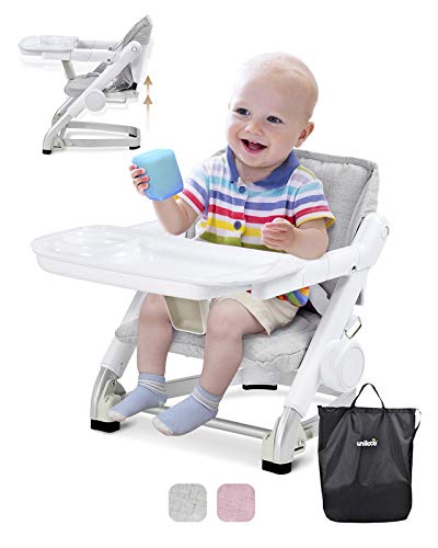 Unilove Feed Me 3-in-1 Travel Booster Seat | Adjustable with Detachable Tray, Lid and Carry Bag, 3-Way Security Safety Harness, Ergonomic & Comfortable Cushion to Support Babies and Toddlers, Grey