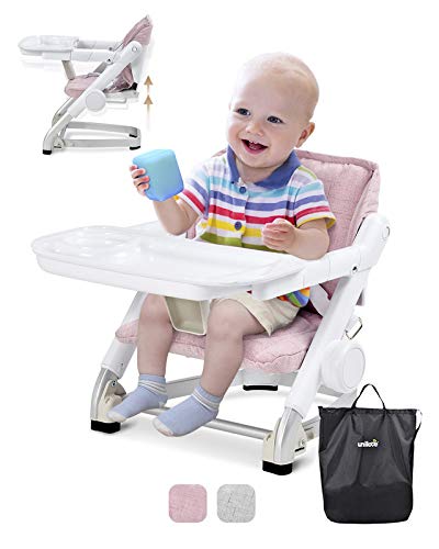 Unilove Feed Me 3-in-1 Travel Booster Seat | Adjustable with Detachable Tray, Lid and Carry Bag, 3-Way Security Safety Harness, Ergonomic & Comfortable Cushion to Support Babies and Toddlers, Pink
