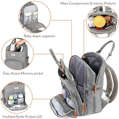 Diaper Bag Backpack, RUVALINO Multifunction Travel Back Pack Maternity Baby Changing Bags, Large Capacity, Waterproof and Stylish, Gray