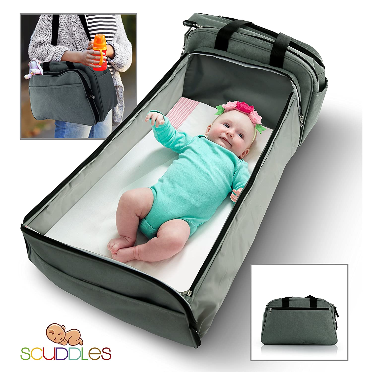 Scuddles 3-1 Portable Bassinet for Baby - Foldable Baby Bed - Travel Bassinet Functions As Diaper Bag