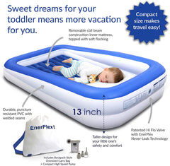 EnerPlex Kids Inflatable Toddler Travel Bed with High Speed Pump, Portable Air Mattress for Kids
