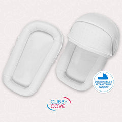 CubbyCove Classic –The Truly Breathable Baby Lounger– Portable Nest for Cosleeping, Tummy Time and Playing. Super Soft and Includes Canopy (White)