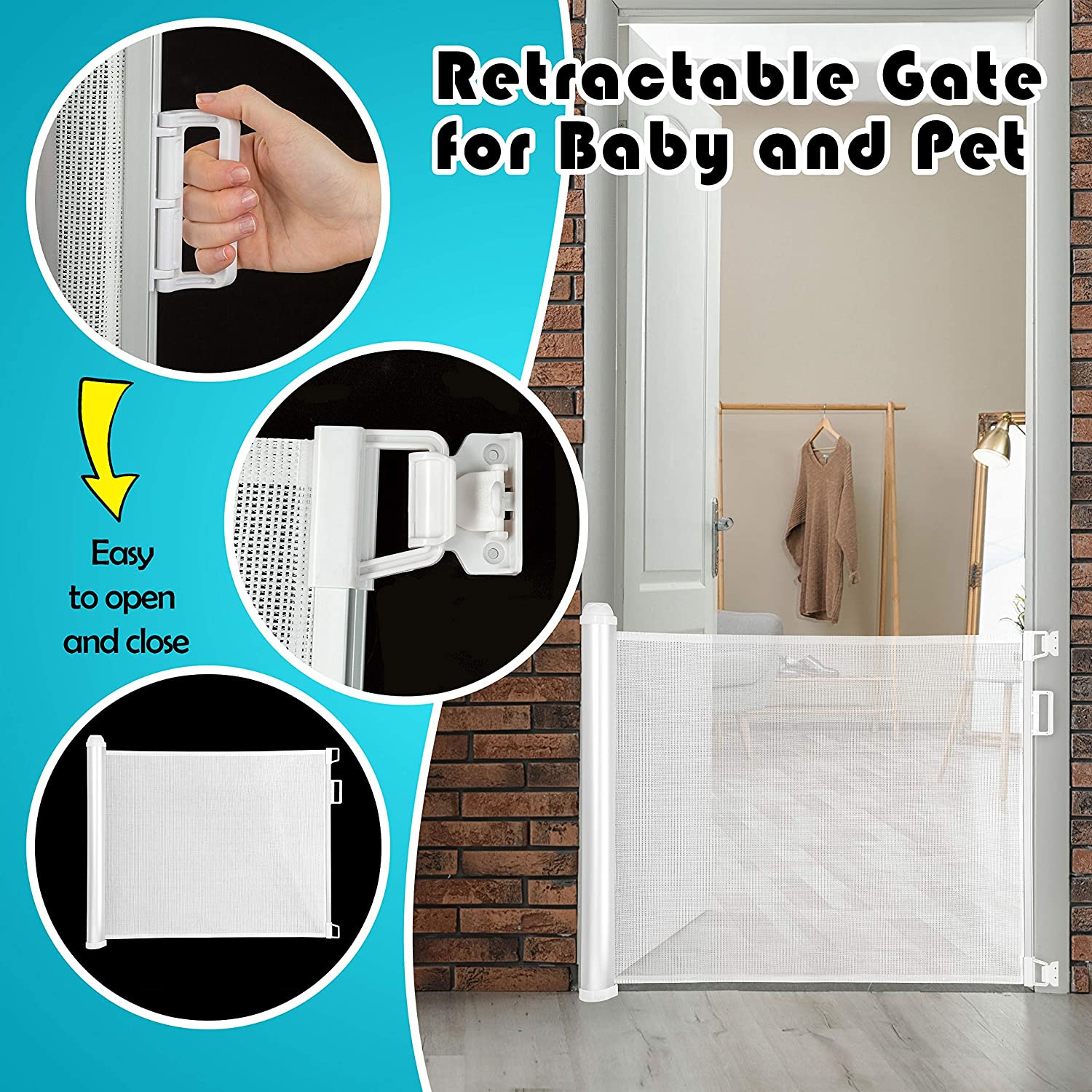 New Retractable Baby Gate - Wide Mesh Safety Pet Gate (Up to 51 Inches) for Children, Dogs for Stairs, Doorways, Stairways, Indoor and Outdoor Use.