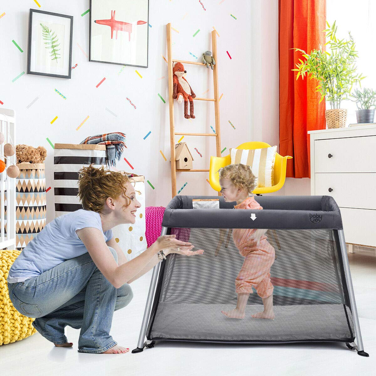 BABY JOY Baby Foldable Travel Crib, 2 in 1 Portable Playpen with Soft Washable Mattress