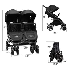 INFANS Double Stroller, Lightweight & Easy Folding Duo Baby Stroller with Side by Side Twin Seats, Night Reflective 5-Point Safety Harness, Suitable for 6 Months to 3 Years (Black)