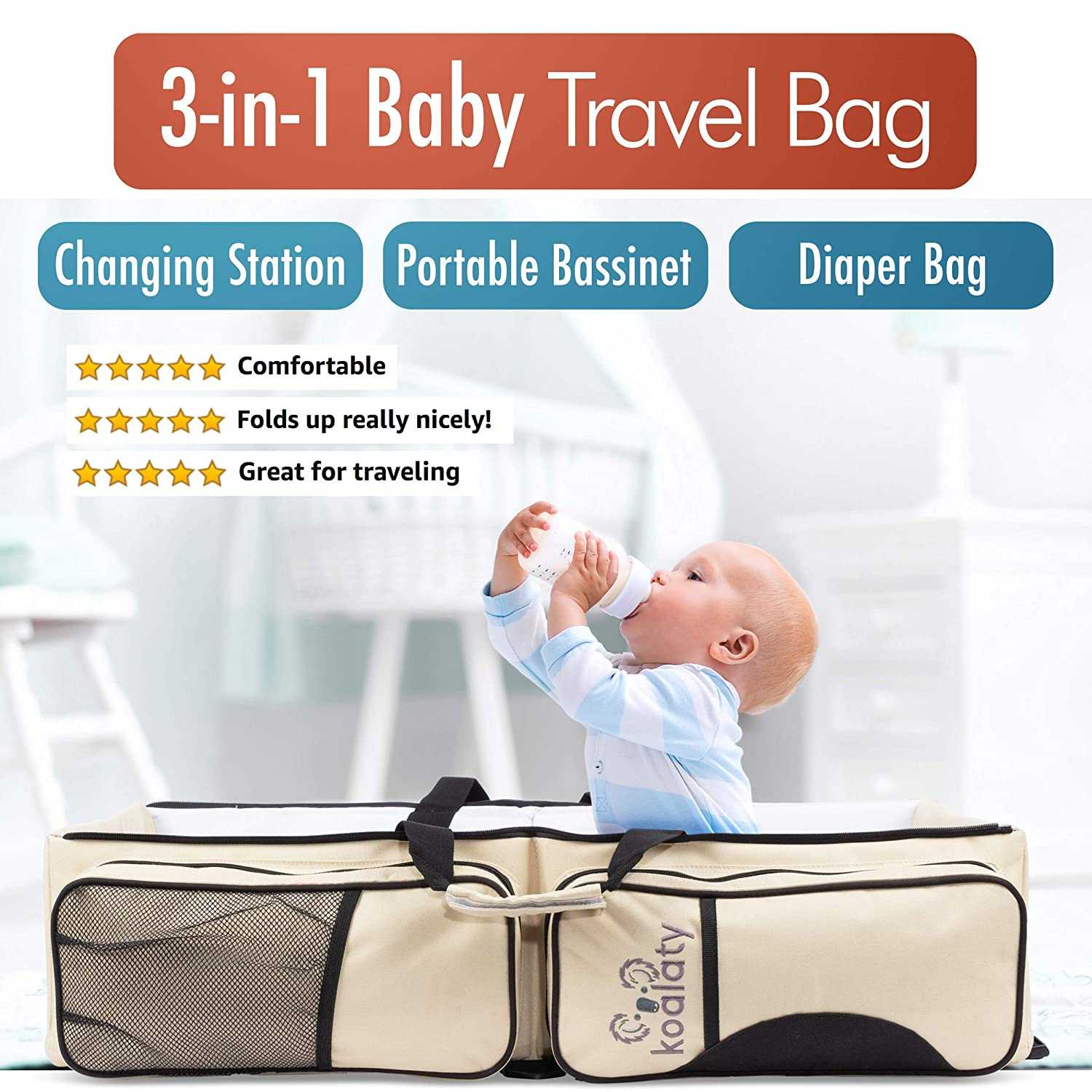 Koalaty 3-in-1 Universal Baby Travel Bag, Portable Bassinet Crib, Changing Station and Diaper Bag for Newborns or Infants. The best baby shower gift for new mom and dad.