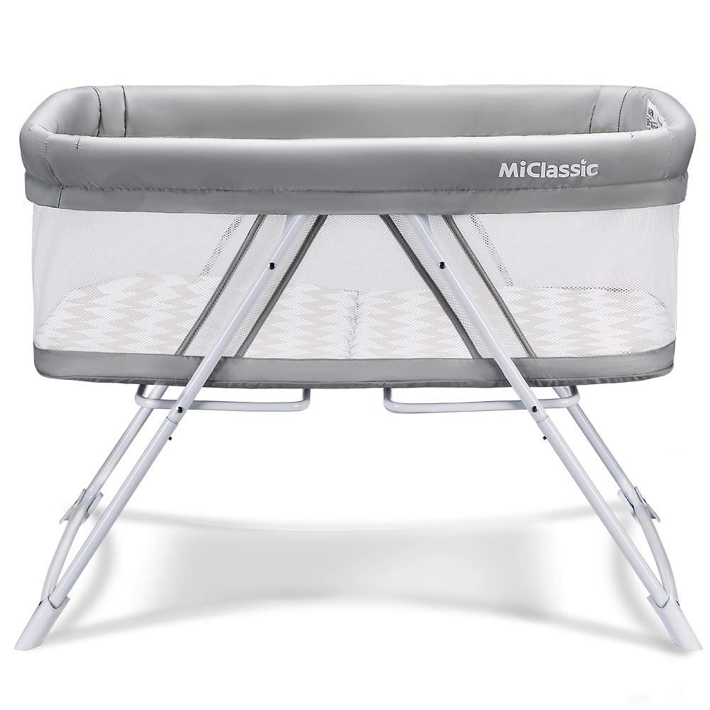 MiClassic All mesh 2in1 Stationary&Rock Bassinet One-Second Fold Travel Crib Portable Newborn Baby (Crystal)