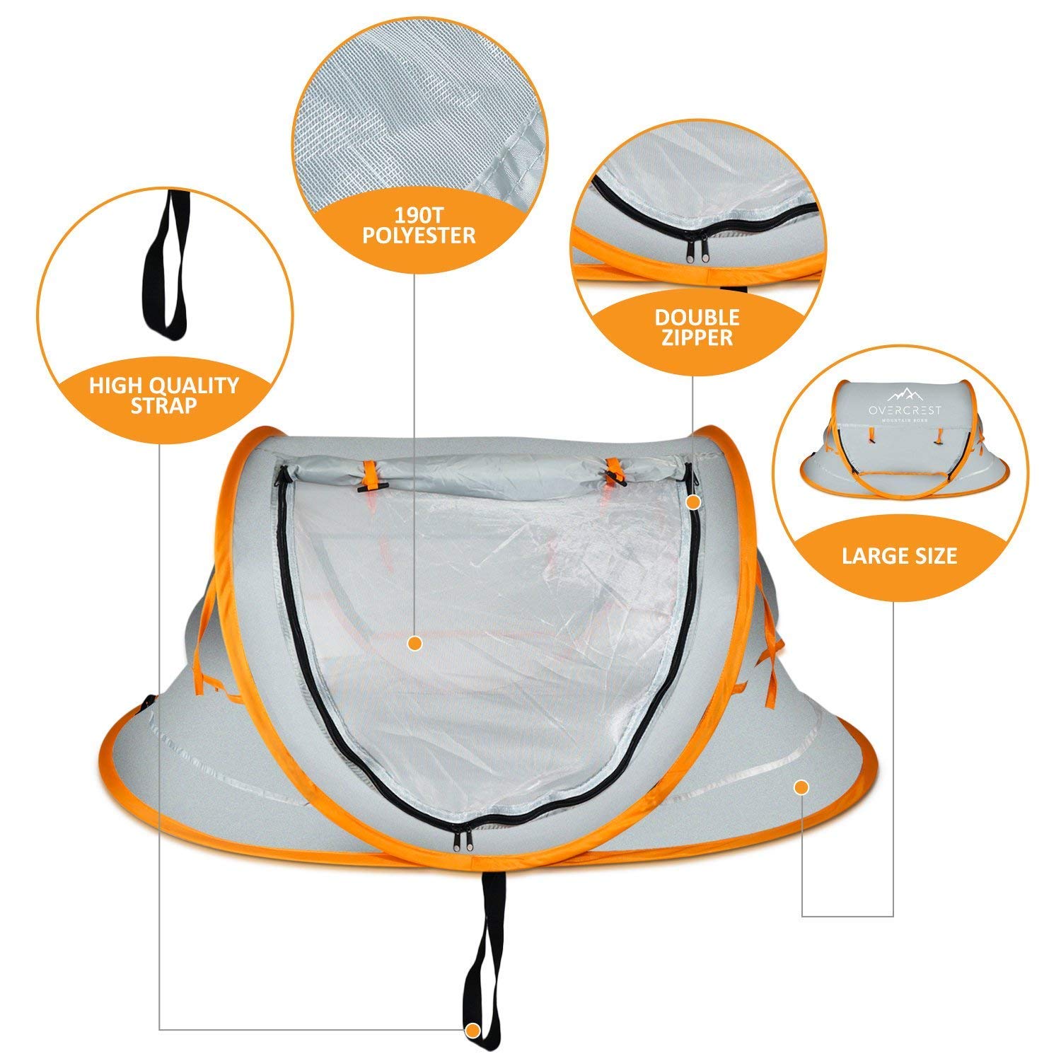 Overcrest Portable Pop Up Baby Beach Tent with UPF 50+ Sun Shade - Protection for Babies from Sunburn and Mosquitos - Lightweight, Compact and Easy Assembly - Includes 2 Pegs and Travel Bag