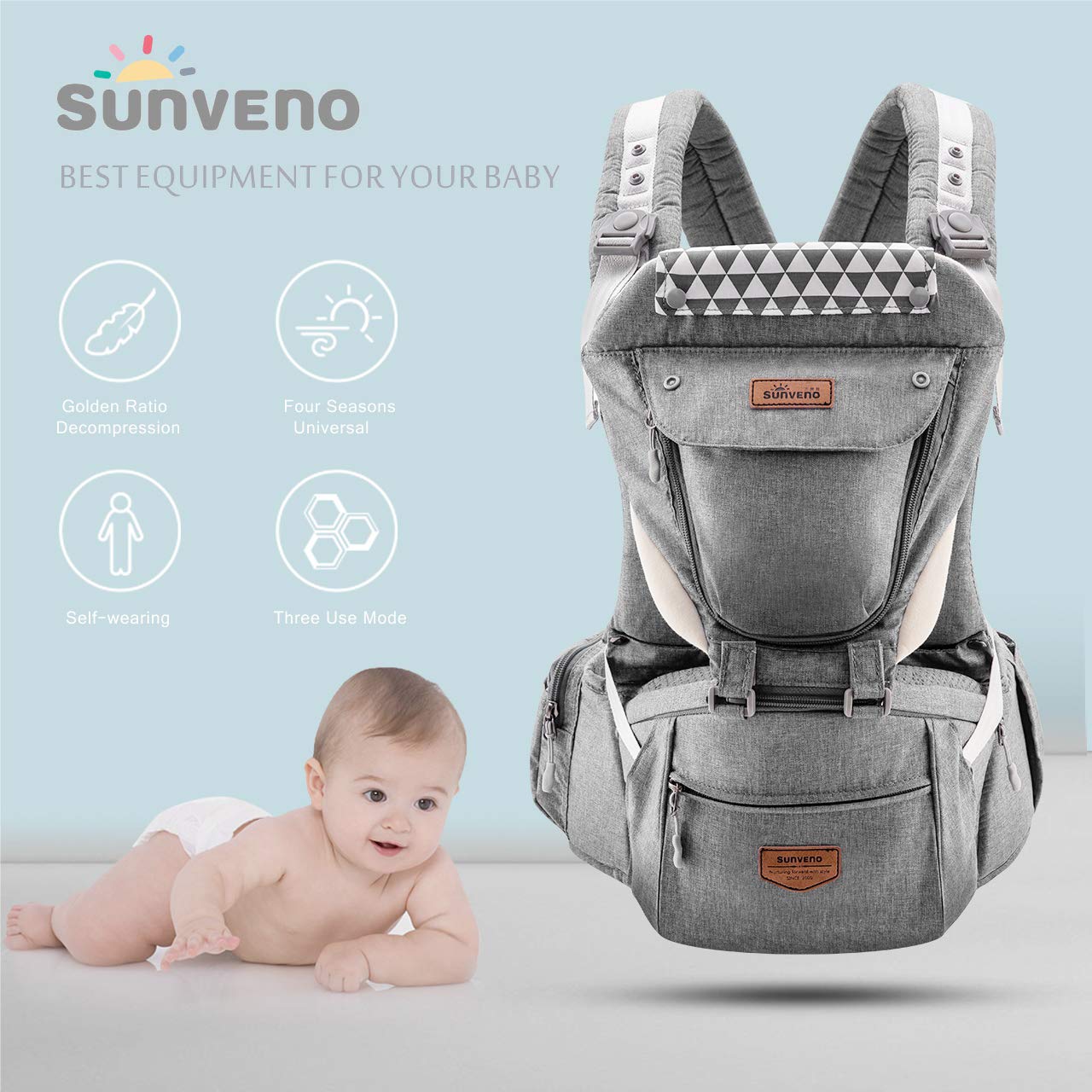 SUNVENO Baby Hipseat Ergonomic Baby Carrier Soft Cotton 3in1 Safety Infant Newborn Hip Seat