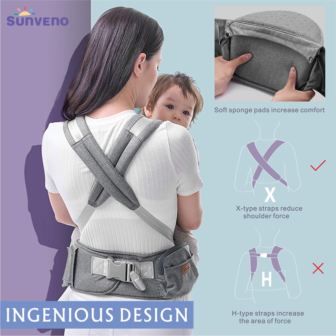 SUNVENO Baby Hipseat Ergonomic Baby Carrier Soft Cotton 3in1 Safety Infant Newborn Hip Seat