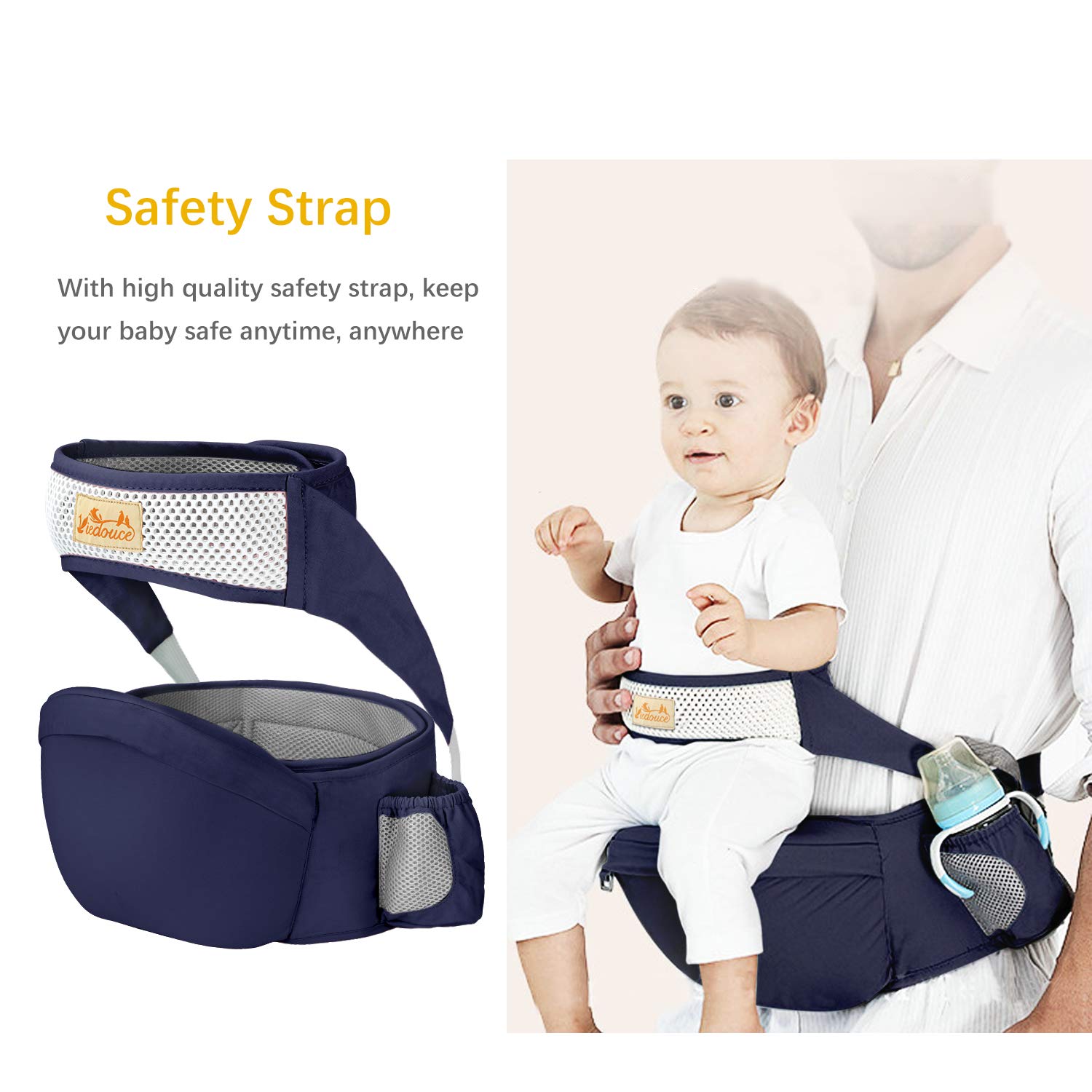 Viedouce Hip Seat Front Baby Carrier with Safety Belt Lightweight Ergonomic Waist Stool, Navy